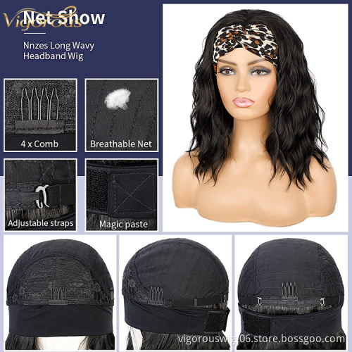 Headband Short bob Wavy Wigs for Black Women Glueless Synthetic Shoulder Length Wigs 16 Inch Headwrap Wigs Headband Attached